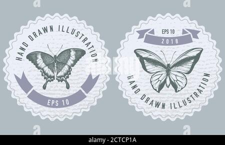 Étiquettes monochromes avec illustration de la queue d'allowtail émeraude, papillon à queue d'allowtail Illustration de Vecteur