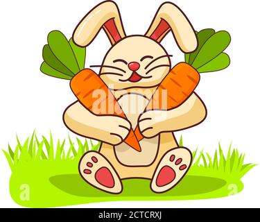 Le lapin heureux tient des carottes. Lièvre animal avec une récolte de légumes sur l'herbe. Illustration de Vecteur