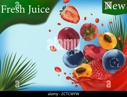 Jus multi-vitamines doux. Jus sur les fruits. Fraise réaliste, framboise, bleuet, cerise, abricot. Illustration vectorielle. Illustration de Vecteur