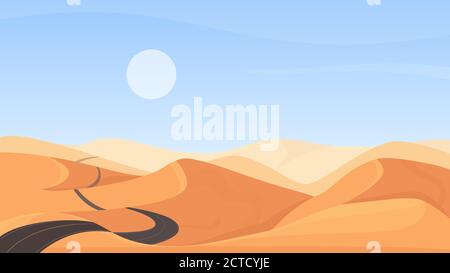 Illustration vectorielle de paysage naturel dans le désert égyptien. Cartoon plate dunes de sable désertes, la vallée naturelle chaude sauvage des terres d'Égypte et la route d'asphalte vide à travers les collines de grès jusqu'à l'horizon arrière-plan Illustration de Vecteur