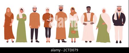 Jeu d'illustrations vectorielles pour les musulmans. Dessin animé plat heureux musulman homme femmes personnages dans différents vêtements debout ensemble dans la rangée, islamique religieux jeunes personnes collection isolée sur blanc Illustration de Vecteur