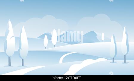 Illustration vectorielle paysage d'hiver. Dessins animés nature givrée paysages de neige avec chemin routier sur les collines couvertes de neige et d'arbres blancs gelés, vue sur les merveilles enneigées l'hiver arrière-plan panoramique Illustration de Vecteur