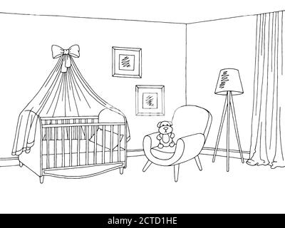 Illustration vectorielle de l'intérieur du dessin graphique de la chambre de bébé noir blanc Illustration de Vecteur