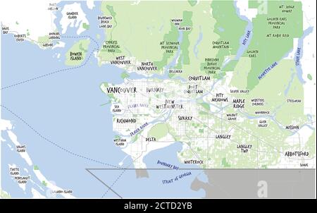 Carte et municipalités du Grand Vancouver, Colombie-Britannique, Canada. Carte touristique ou guide du Metro Vancouver BC. Thème bleu clair et vert. Illustration de Vecteur