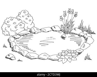 Pond Graphic noir blanc paysage dessin illustration vecteur Illustration de Vecteur