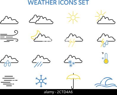 Symboles et icônes. Icônes météo définies sur fond blanc. Style plat. Collecte des affiches. Climat. Illustration de Vecteur