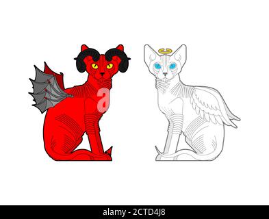 Ange et démon Cat. Chat rouge avec cornes de diable. Animal de compagnie blanc avec ailes et halo Illustration de Vecteur