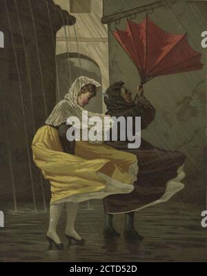 Un imprimé représentant des femmes dans une tempête de vent avec un parapluie soufflé à l'intérieur., image fixe, c1876-1890 - 1875 Banque D'Images