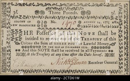 New Hampshire. Billet de banque de trois livres, texte, argent papier, 1777 Banque D'Images