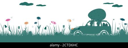 Joyeuses Pâques. Champ avec deux lapins en voiture, oeufs de Pâques, papillon et fleurs. Illustration de Vecteur