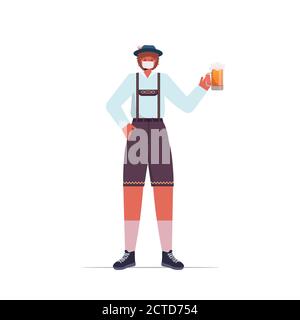 Homme dans un masque médical tenant une tasse à bière fête de l'Oktoberfest coronavirus concept de quarantaine guy dans les vêtements traditionnels allemands pleine longueur illustration vectorielle Illustration de Vecteur