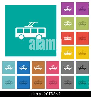 Bus à chariot multi-couleurs icônes plates sur fond carré Uni. Inclut des variantes d'icône blanche et foncée pour les effets de survol ou actifs. Illustration de Vecteur