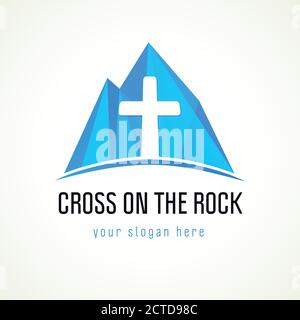 Logo vecteur de l'église en montagne. Croix et panneau bleu rock. Symbole de la mission chrétienne. Icône de vitraux de montagne de glace. Motif graphique abstrait isolé Illustration de Vecteur