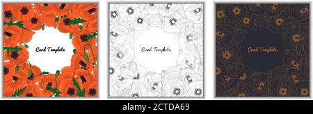 Ensemble de modèles de cartes de vœux carrées avec cadre de fleurs de pavot colorées et monochromes dessinées à la main. Illustration vectorielle Illustration de Vecteur
