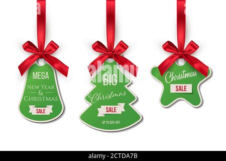 Étiquettes de solde de Noël offrant des remises. Autocollants de fête avec rubans rouges. Étoile verte élégante, sapin et cloche. Joyeux Noël d'hiver et Illustration de Vecteur
