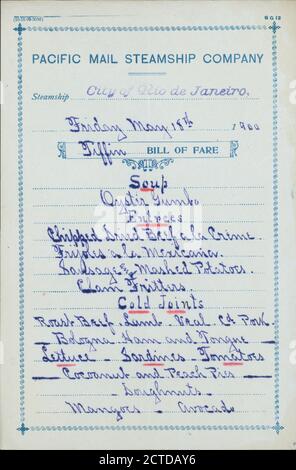 TIFFIN tenu par PACIFIC MAIL STEAMSHIP CO. À SS VILLE DE RIO DE JANEIRO (SS;), texte, menus, 1900 Banque D'Images