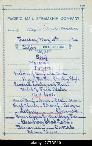 TIFFIN tenu par PACIFIC MAIL STEAMSHIP COMPANY à SS RIO DE JANEIRO (SS;), texte, menus, 1900 Banque D'Images