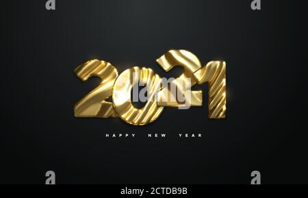 Bonne année 2021. Illustration 3d vectorielle. Panneau de l'événement des fêtes. Personnages en métal doré 2021 avec motif ondulé sculpté. Banderole ou affiche de fête Illustration de Vecteur