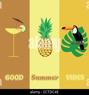 L'été. Bonne ambiance avec cocktail, Toucan et ananas dans des couleurs tendance. Illustration de Vecteur