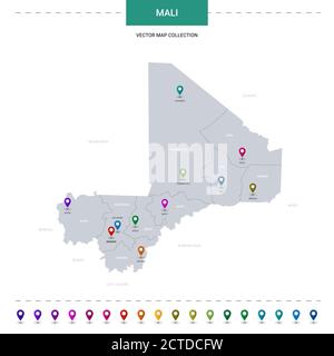 Carte Mali avec repères de localisation. Modèle vectoriel d'infographie, isolé sur fond blanc. Illustration de Vecteur