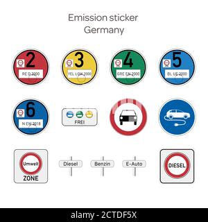 Autocollant d'émission. Autocollants d'émission allemands pour les voitures et panneaux de signalisation interdisant l'utilisation de véhicules diesel (en allemand). Illustration de Vecteur