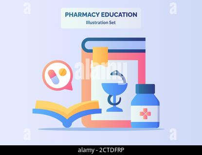 Pharmacie concept d'éducation apprendre le livre comprimé médicaments avec plat style de dessin animé Illustration de Vecteur