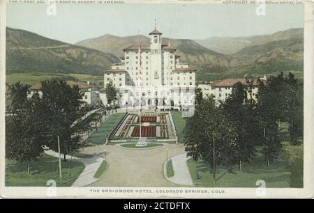 The Broadmoor Hotel, Colorado Springs, Colorado, le plus beau complexe touristique de toute l'année en Amérique, image fixe, cartes postales, 1898 - 1931 Banque D'Images