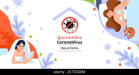 Coronavirus ou quarantaine Covid-19. Jeunes femmes discutant avec son téléphone sur le canapé Je reste à la maison campagne de médias sociaux pour la prévention du coronavirus Illustration de Vecteur