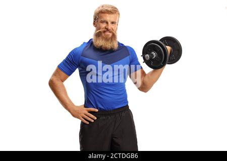 Jeune homme avec la barbe et la moustache s'exerçant avec l'haltère une main isolée sur fond blanc Banque D'Images