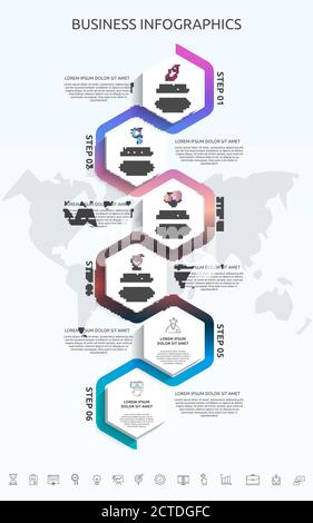 Modèle d'infographie vectoriel hexagons pour six icônes, diagramme, graphique, présentation. Concept d'entreprise en 6 étapes. Pour le contenu, l'organigramme, la chronologie Illustration de Vecteur