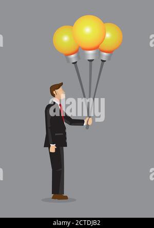 Homme d'affaires de dessin animé tenant des ballons à ampoule incandescente, représentant des idées et de l'innovation. Concept d'idée innovant pour illustrat de vecteur d'entreprise Illustration de Vecteur