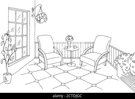 Dessin d'intérieur graphique de balcon noir blanc, illustration vectorielle Illustration de Vecteur