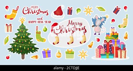 Autocollants vectoriels pour Noël et nouvel an, arbre du nouvel an, cadeaux, balles, décorations du nouvel an. Clipart festif. Illustration vectorielle plate, dessin animé Illustration de Vecteur