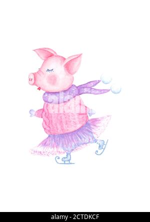 Cochon de patinage aquarelle en pull tricoté, tutu et foulard isolés sur fond blanc. Nouvel an chinois du cochon. Vacances de Noël et du nouvel an c Illustration de Vecteur