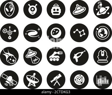 Alien ou Extraterrestrial Icons White sur Black Flat Design Circle Définir grand Illustration de Vecteur