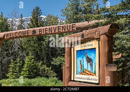 Panneau accueillant les visiteurs de la promenade de la vallée de la Bow, dans le parc national Banff, en Alberta, au Canada. Banque D'Images