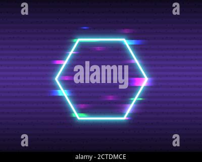 Elément hexagonal Glitch. Cadre au néon avec distorsions numériques. Formes abstraites avec effet VHS. Forme lumineuse et lignes horizontales aléatoires. Vecteur Illustration de Vecteur