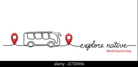 Le tourisme local simple web bannière, arrière-plan, affiche avec icône et bus. Fond vectoriel minimaliste. Une mise en plan de ligne continue avec Illustration de Vecteur