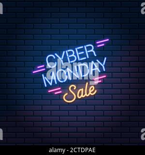 Cyber Monday solde panneau néon sur fond de mur de brique sombre. Promotion shopping Super remises, illustration vectorielle Illustration de Vecteur