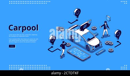 Bannière de covoiturage. Concept de partage de cabine, covoiturage pour les voyages et les voyages en voiture. Page d'accueil Vector des conducteurs et passagers de la communauté avec personnes isométriques, véhicule et application au téléphone Illustration de Vecteur