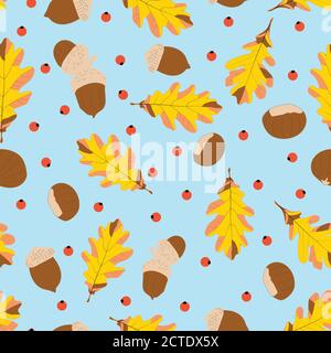 Motif sans couture sur le thème de l'automne, glands, feuilles de chêne et châtaignes. Illustration de Vecteur