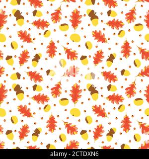 Motif sans couture sur le thème de l'automne, glands, feuilles de chêne et châtaignes. Illustration de Vecteur