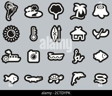 Amazon Rainforest Icons blanc sur noir ensemble d'autocollants grand Illustration de Vecteur