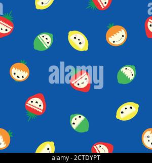 Joli kawaii agrumes et fraise sans couture motif vectoriel. Rire des citrons de dessins animés, des limes, des oranges, des baies sur fond bleu cobalt Illustration de Vecteur