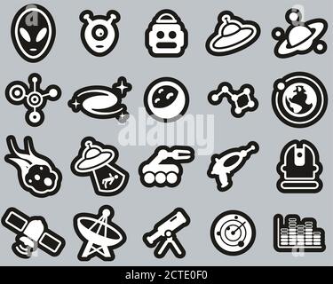 Alien ou Extraterrestrial Icons blanc sur Black Sticker Set Big Illustration de Vecteur