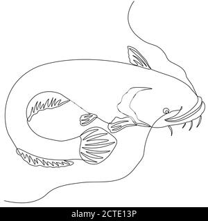 Poisson-chat. Silhouette de poisson à une ligne. Logo. Illustration vectorielle de style minimaliste dessinée à la main... Illustration de Vecteur