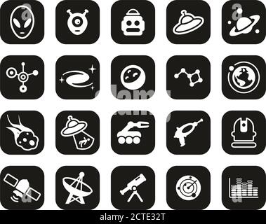 Alien ou Extraterrestrial Icons White sur Black Flat Design Set Grande Illustration de Vecteur