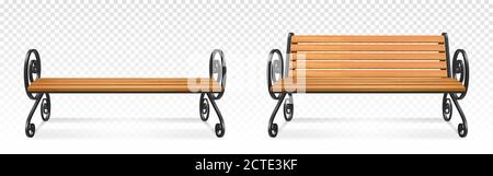 Bancs de parc en bois, sièges extérieurs en bois brun avec pieds et accoudoirs décoratifs en métal forgé. Mobilier de jardin ou de trottoir isolé sur fond transparent. Illustration vectorielle 3d réaliste Illustration de Vecteur