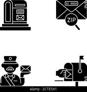 Les icônes de glyphe noir de livraison par messagerie sont placées sur un espace blanc Illustration de Vecteur