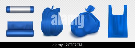 Maquette de sac poubelle, rouleau en plastique et sac plein d'ordures. Emballage jetable bleu pour déchets et maquette de supermarché. Fournitures domestiques pour déchets, jeu d'illustrations vectorielles 3d réalistes isolées Illustration de Vecteur